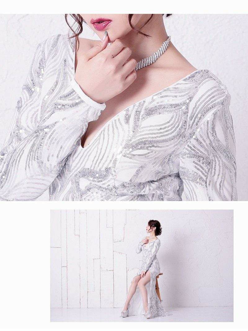Lサイズ追加!! 【Belsia】煌スパンコール深スリットロングドレス 長袖タイトキャバクラロングドレス【ベルシア】