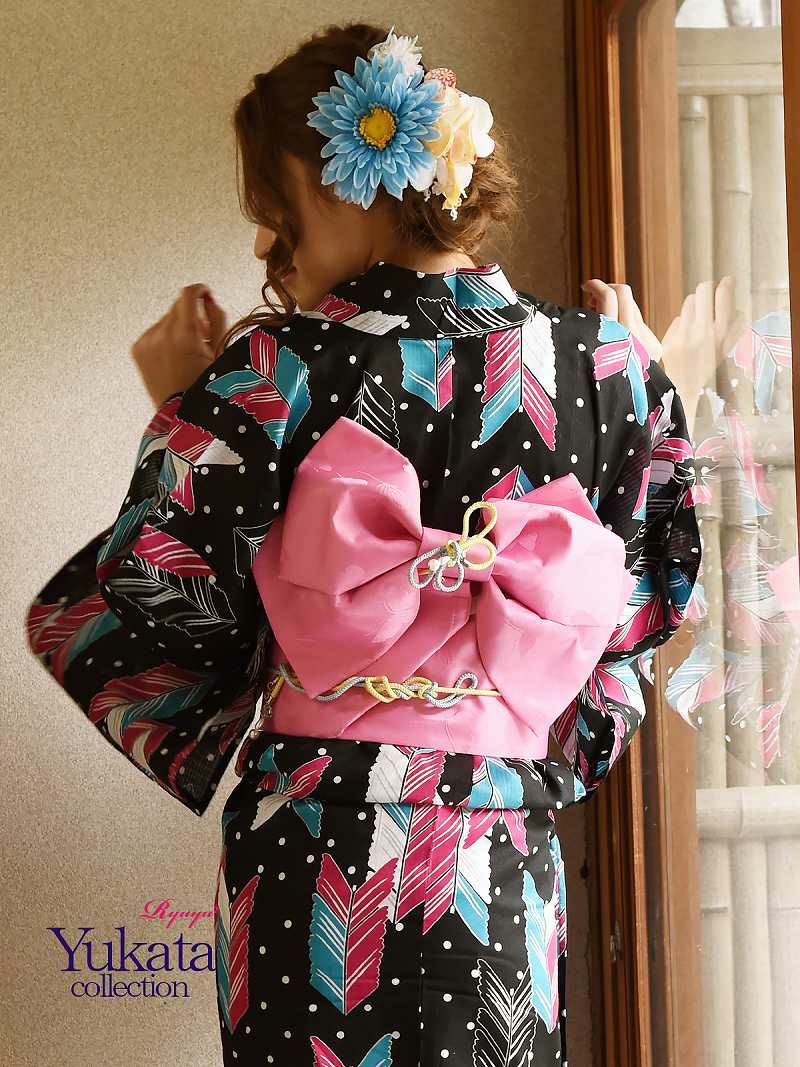 【即納】ネオン矢羽根柄×ドット柄レトロモダン浴衣 RIRI 着用レディース浴衣3点セット(フリーサイズ)(A柄)