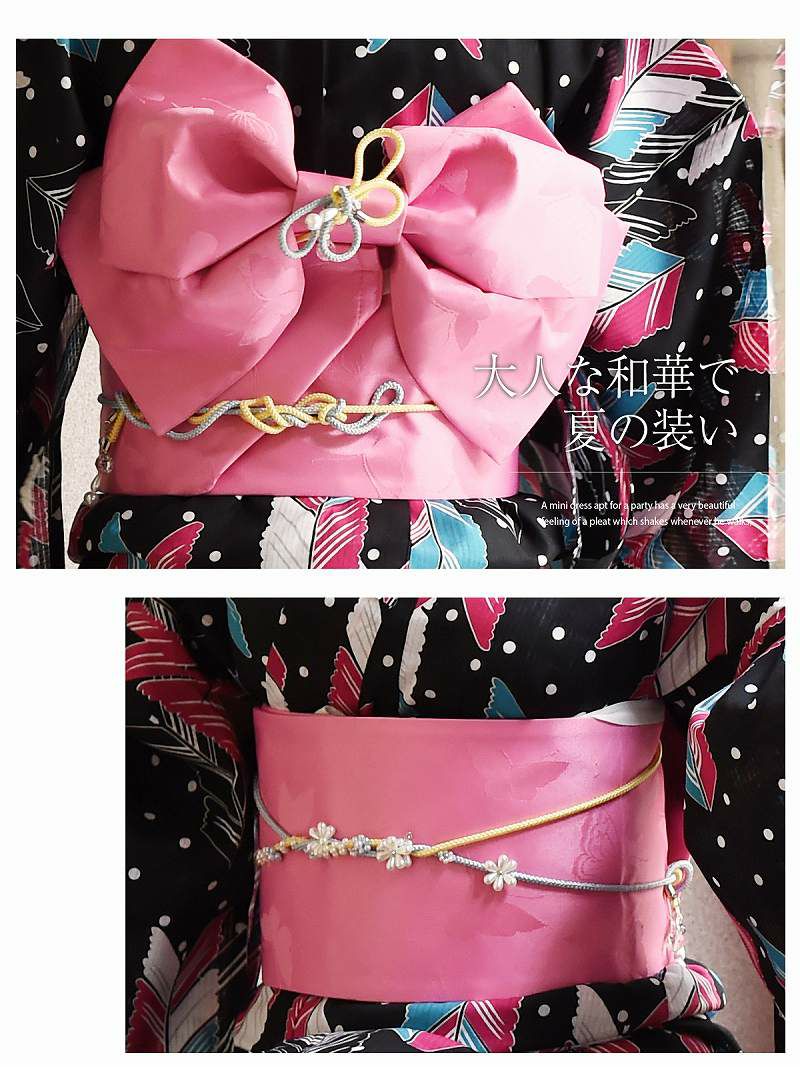 【即納】ネオン矢羽根柄×ドット柄レトロモダン浴衣 RIRI 着用レディース浴衣3点セット(フリーサイズ)(A柄)