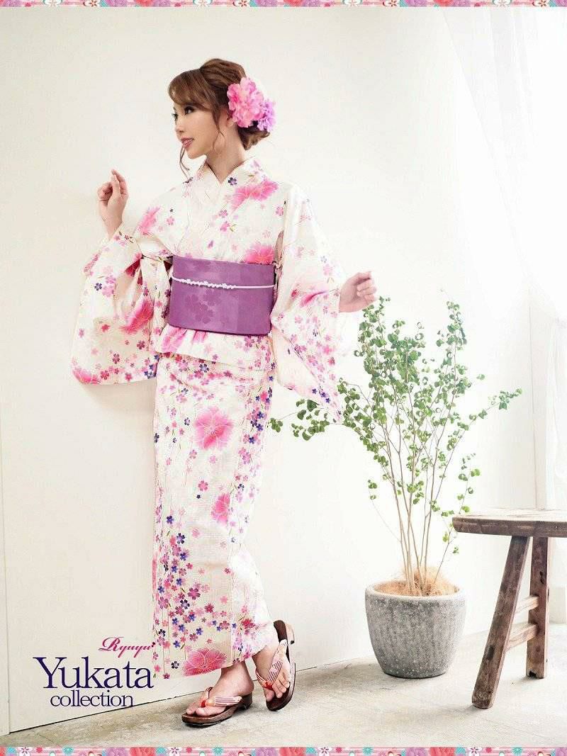 【即納】八重桜×白地セパレートキャバ浴衣 お祭りやイベントで活躍レディース二部式浴衣