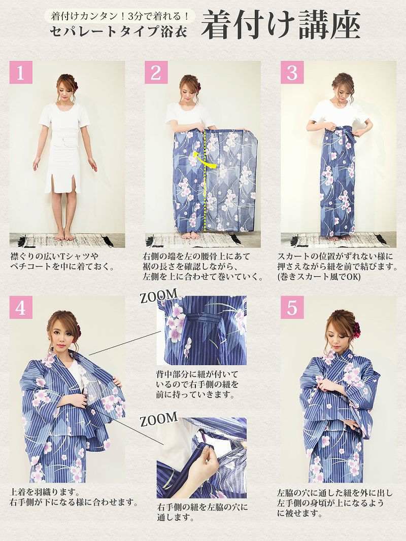 【即納】青×白モダンレトロ桜柄ストライプセパレート浴衣 りせり 着用レディース浴衣4点セット