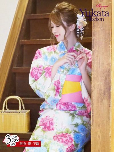 浴衣 3点セット 白地×牡丹キャバ浴衣丸山慧子 着用 お祭りやお店のイベントなどで活躍レディースゆかた