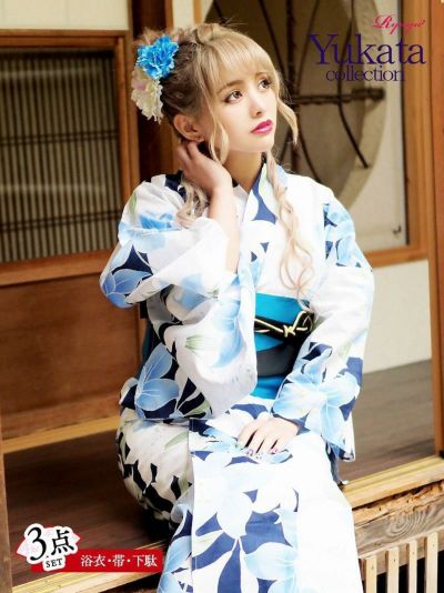 浴衣 3点セット 爽やかゆり柄キャバ浴衣 岩本沙也加 着用【Ryuyu】お祭りやイベントで活躍レディースゆかた(フリーサイズ)(花柄)