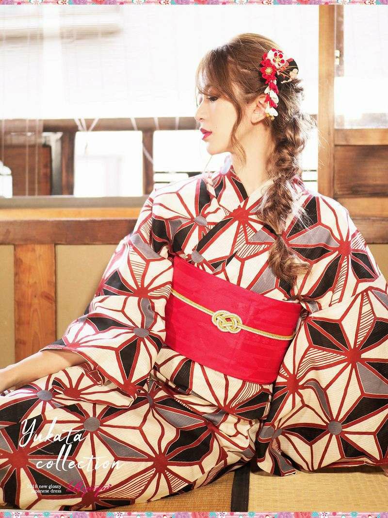 【即納】【綿紅梅仕立ての高級浴衣 3点セット】麻の葉に大正ロマン風キャバ浴衣 丸山慧子 着用浴衣 上質レディース浴衣