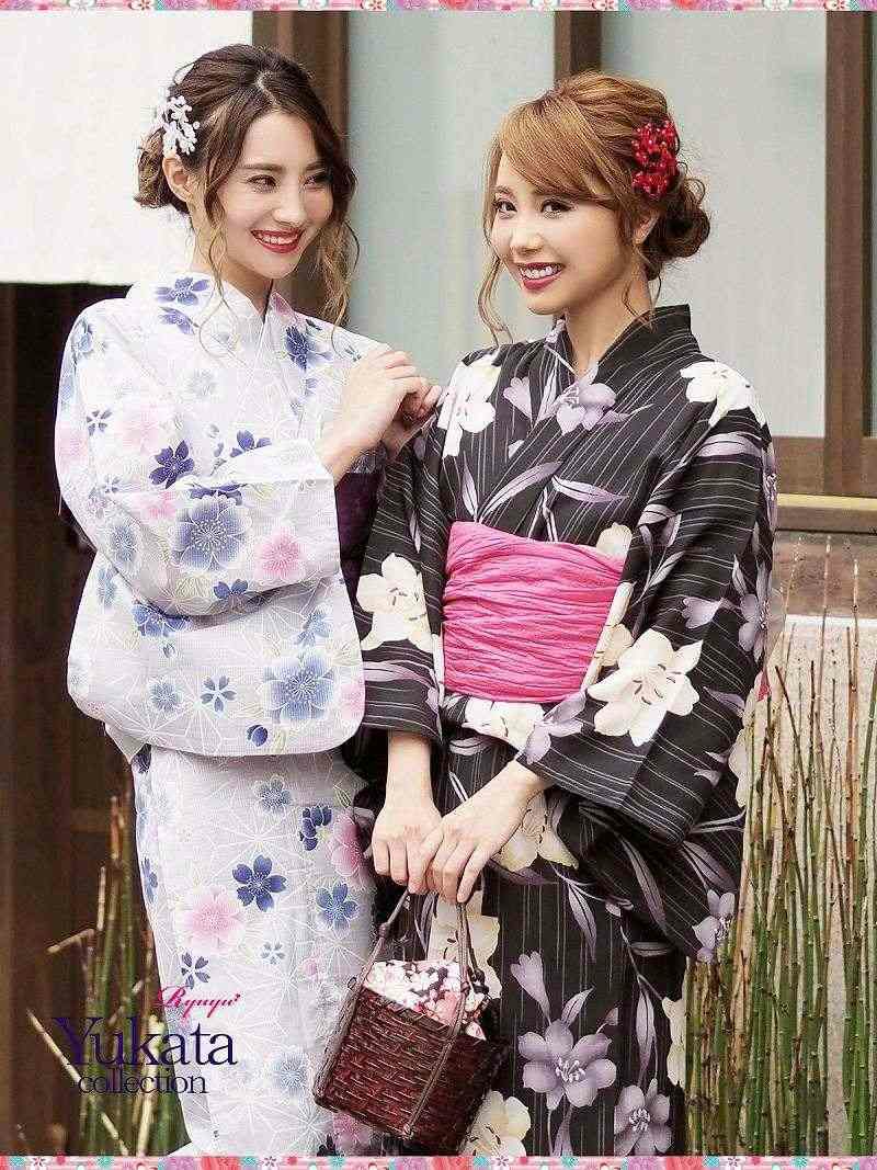 【即納】【キャバ浴衣3点セット】縞黒地×ゆり柄キャバ浴衣 花火大会やイベントで活躍レディース浴衣