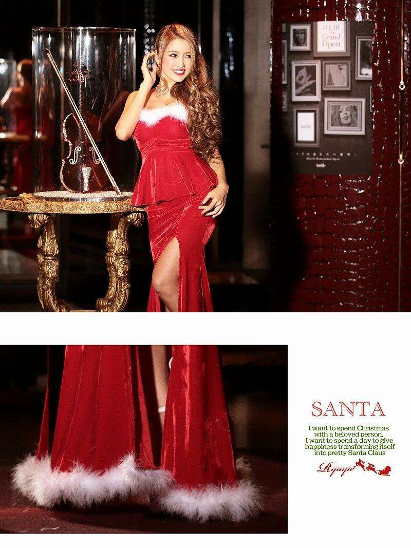 サンタコスプレ クリスマス赤ロングペプラムサンタコスプレ