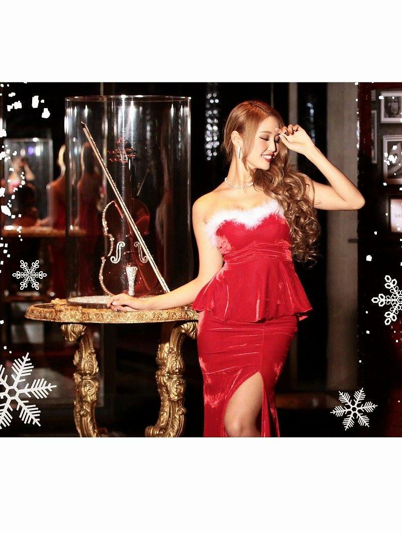 サンタコスプレ クリスマス赤ロングペプラムサンタコスプレ