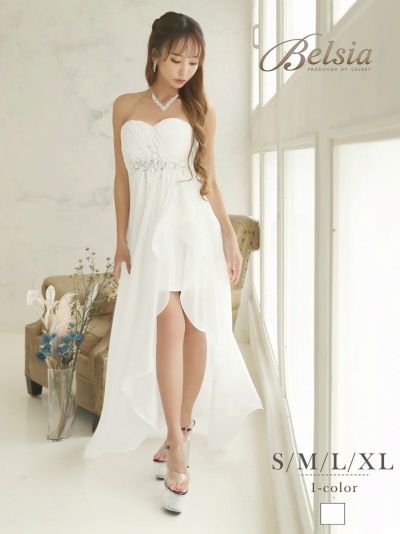 プリンセスエアリーシフォン前ミニホワイトロングドレス 武田静加 着用キャバドレス【Belsia】(S/M/L/XL)(ホワイト)