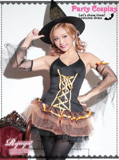 ハロウィンコスプレ 3点セット スパイダーHATでカッコ可愛いなりきり魔女コスプレセット ふわパニエデザインウィッチ仮装 イベントに♪
