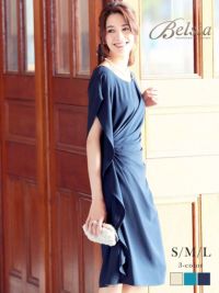 ワンカラーアシンメトリー袖付き膝丈ワンピースドレープキャバクラワンピース(S/M/L)(ネイビー/ベージュ/ブルー)