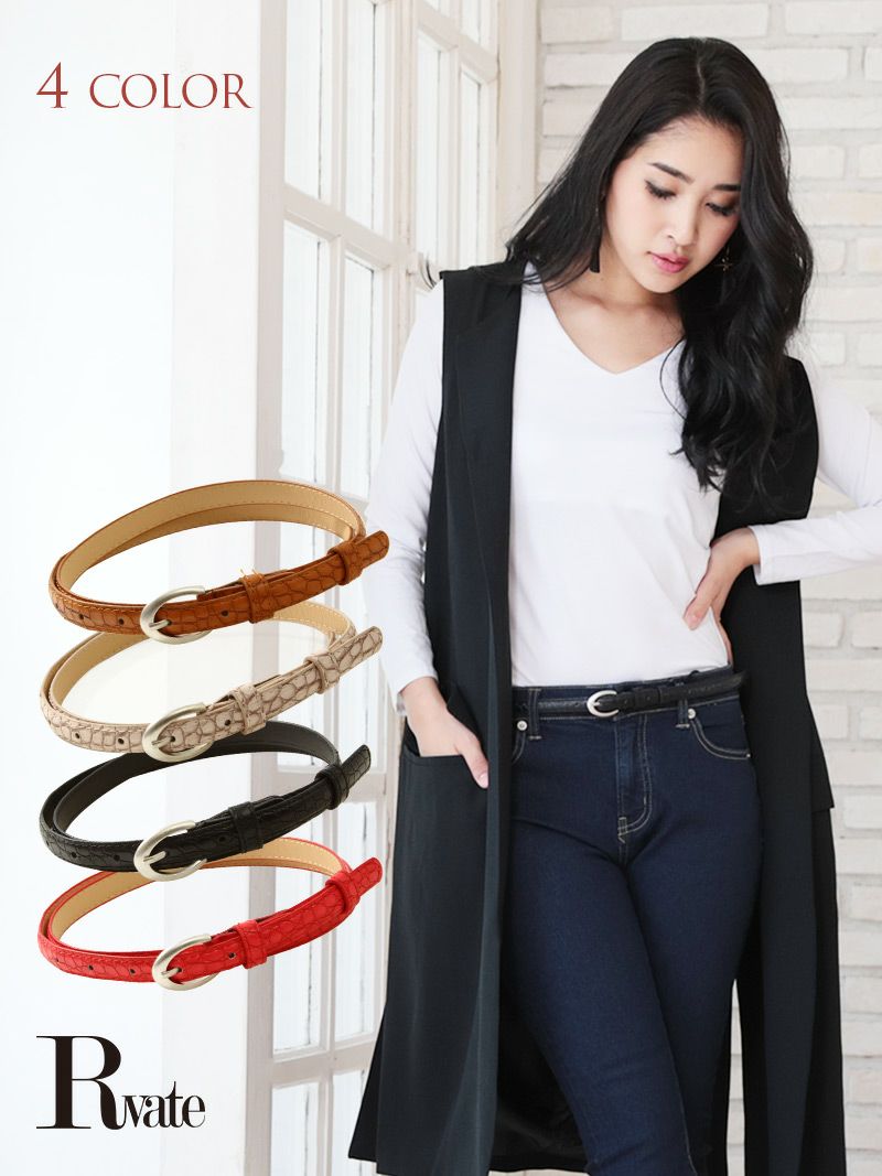 【Rvate】パイソン柄フェイクレザー細ベルト ラウンドバックルベルト