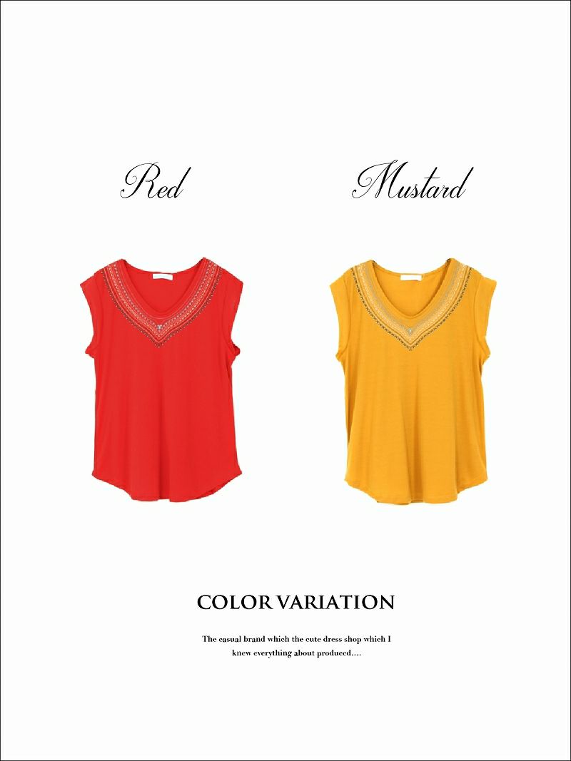 【Rvate】ボヘミアン柄刺繍フレンチスリーブTシャツ Vネック半袖トップス