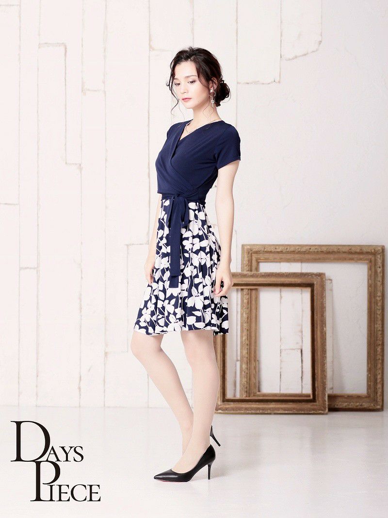 花柄カシュクール韓国ドレス【DAYS PIECE】ウエストリボン袖付きキャバワンピース【デイズピース】