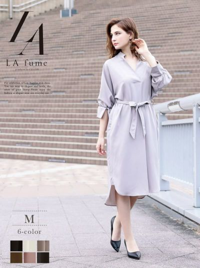 カラバリ豊富!!袖ギャザースキッパーワンピース ウエストリボンミディ丈キャバクラワンピース【LAfume】【サイズ別SALE】