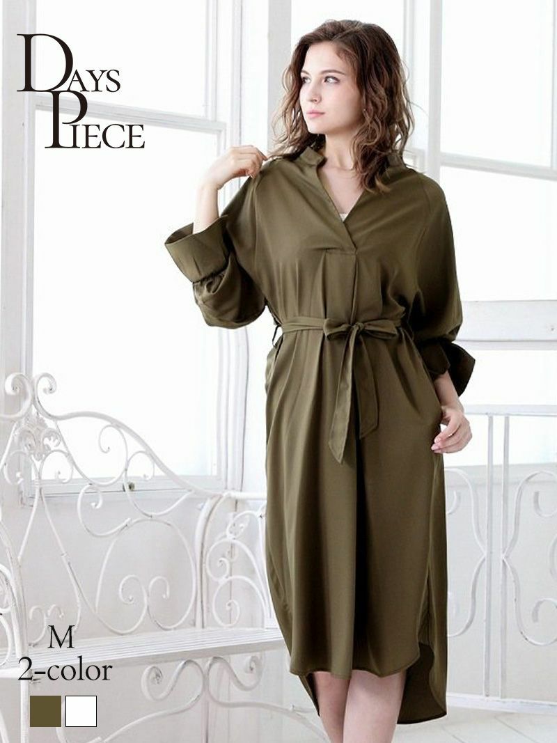 カラバリ豊富!!袖ギャザースキッパーワンピース ウエストリボンミディ丈キャバクラワンピース【DaysPiece】