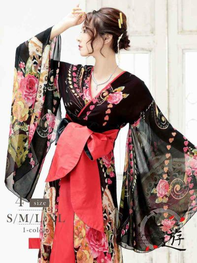 先行予約10%OFF￥10780→￥9702！ ※予約販売※花柄シフォン袖和柄ロングドレス【流遊】(S/M/L/XL)(レッド)