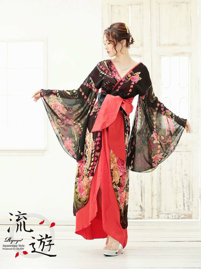 花柄シフォン袖和柄ロングドレス 流遊 りゅうゆう M L レッド Rew You リューユ