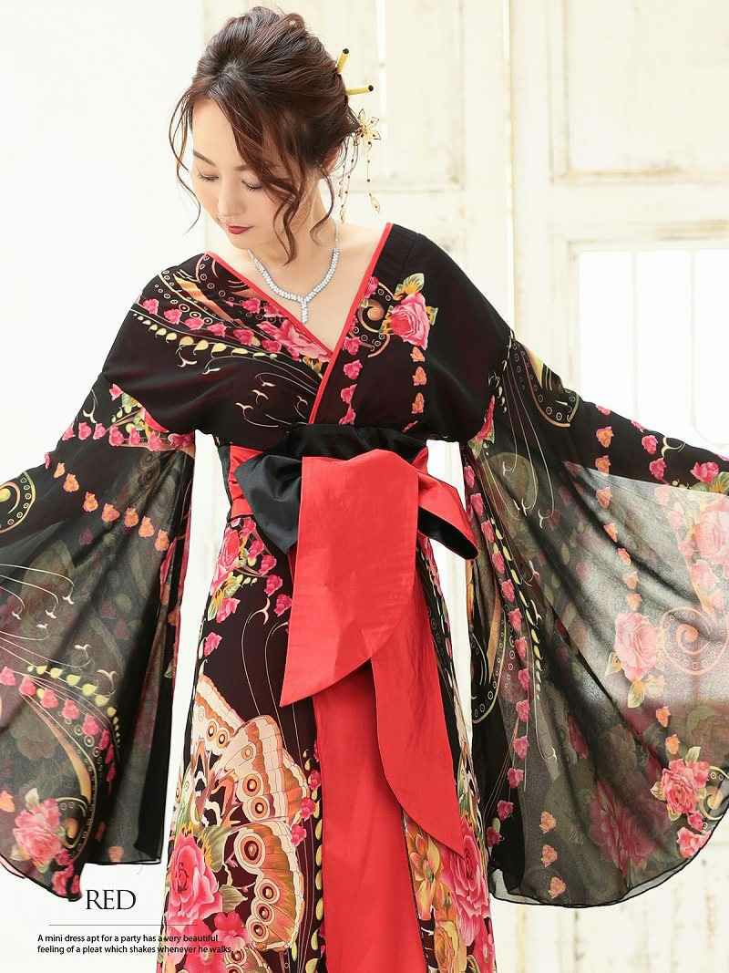 花柄シフォン袖和柄ロングドレス 流遊 りゅうゆう M L レッド Rew You リューユ