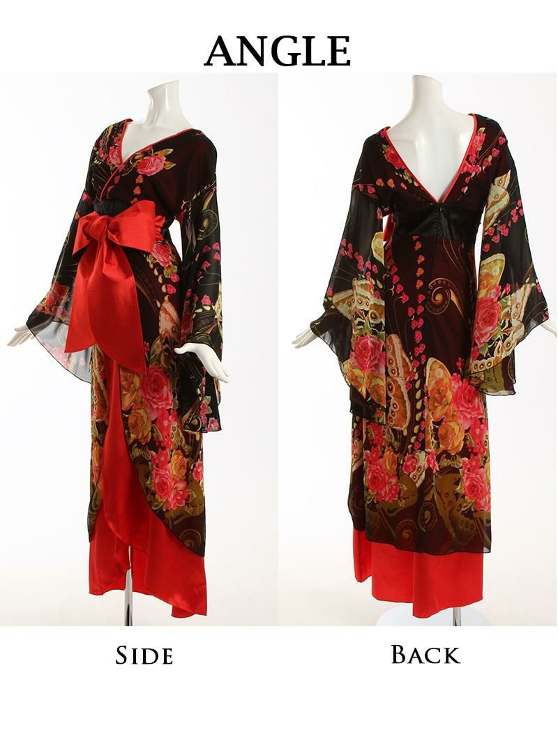 花柄シフォン袖和柄ロングドレス 流遊 りゅうゆう M L レッド Rew You リューユ