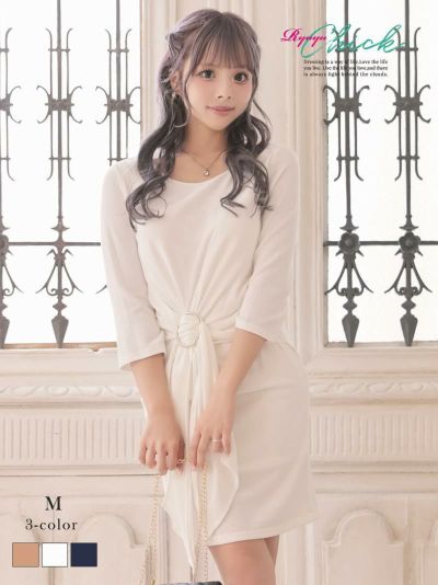 ゾロ目SALE￥3980→￥2555！ ウエストマークバックルベルト付き膝丈ワンピースあいさ あいみん 着用 七分袖キャバドレス【RyuyuChick】(M)(ホワイト/ベージュ/ネイビー)