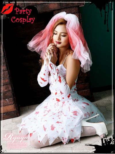 ハロウィンコスプレ 3点セット horror!!血まみれ花嫁コスプレセット ゾンビ花嫁コスチューム イベントやハロウィンに♪