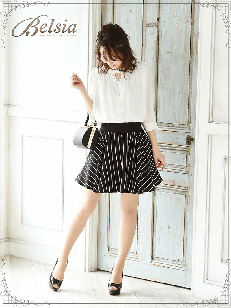 【Belsia】ストライプ柄シフォン袖ワンピース 袖付きブラウジングキャバクラワンピース【ベルシア】