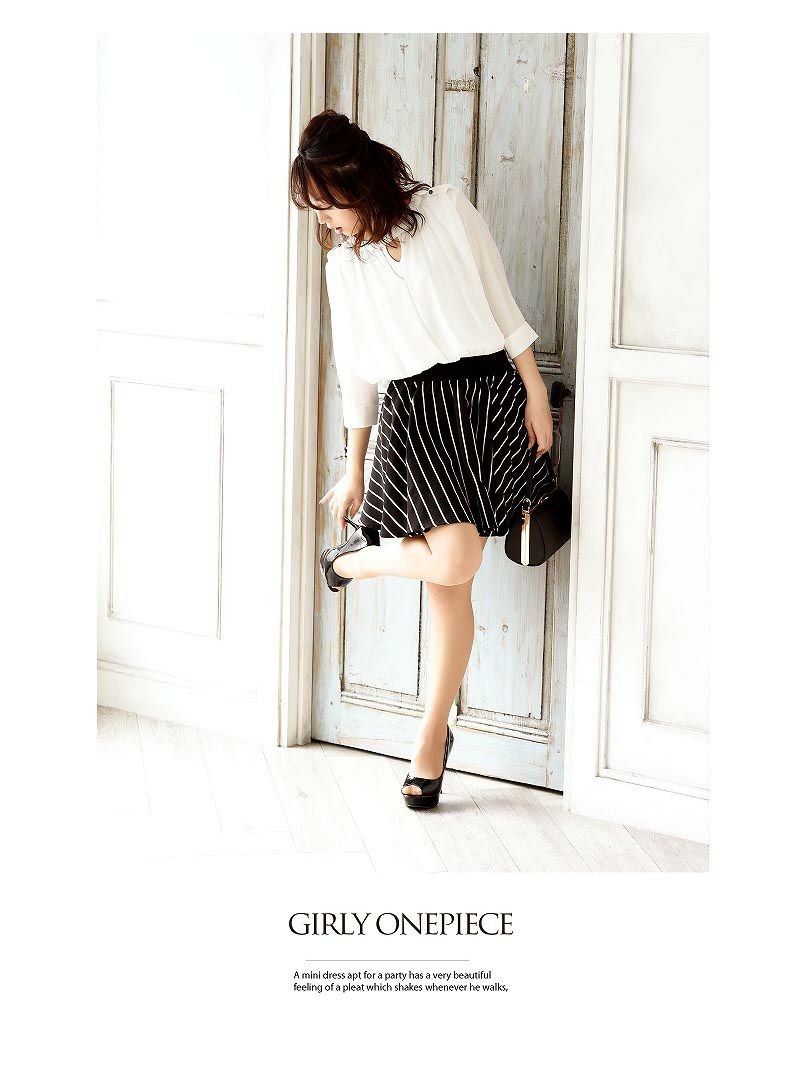 【Belsia】ストライプ柄シフォン袖ワンピース 袖付きブラウジングキャバクラワンピース【ベルシア】
