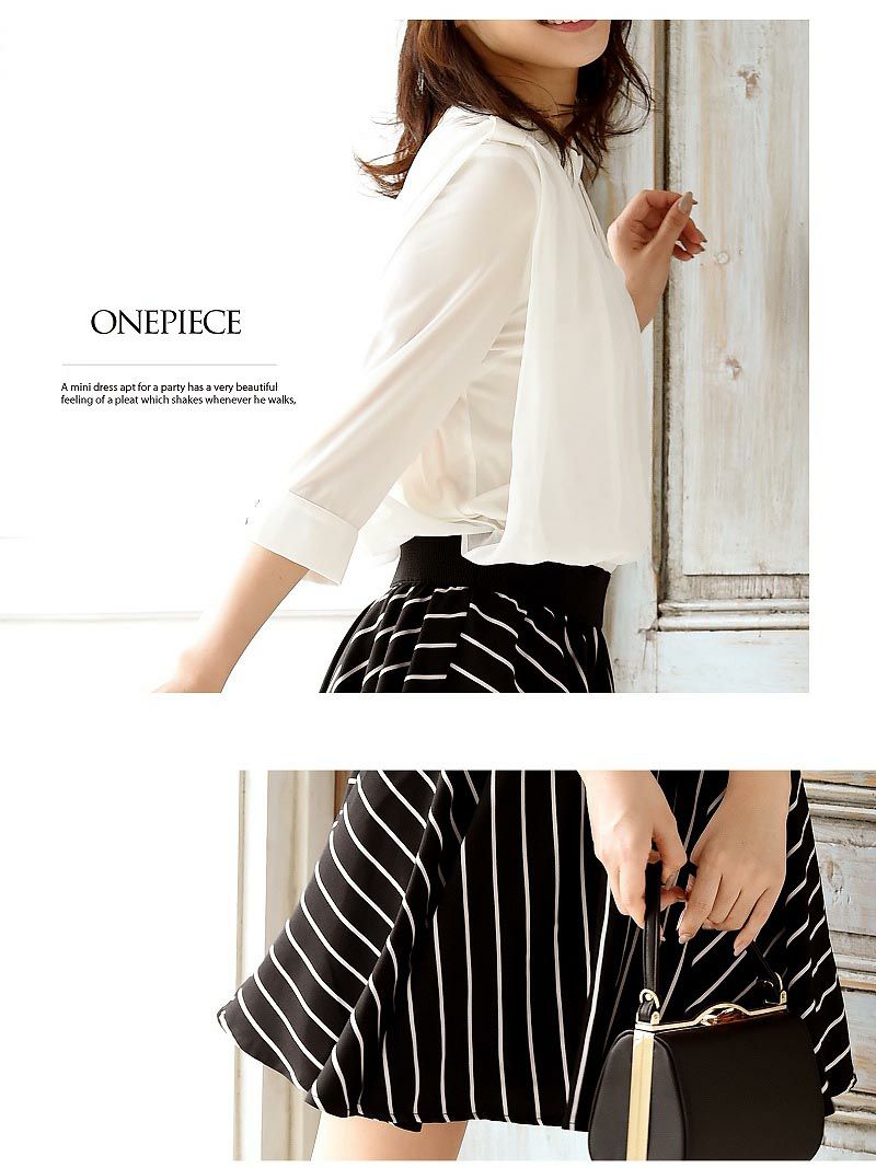 【Belsia】ストライプ柄シフォン袖ワンピース 袖付きブラウジングキャバクラワンピース【ベルシア】