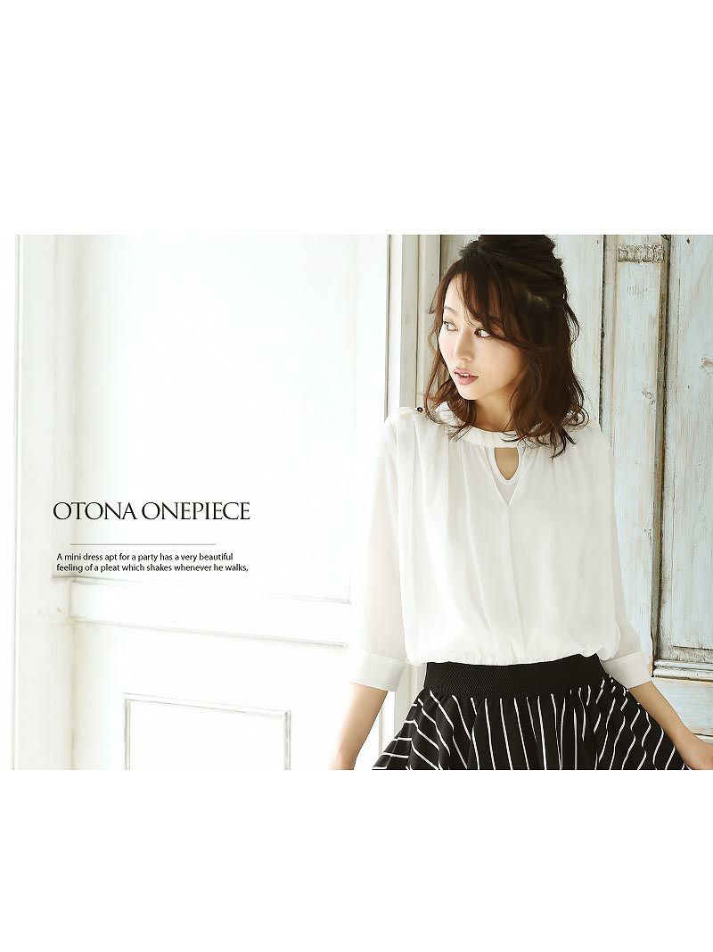 【Belsia】ストライプ柄シフォン袖ワンピース 袖付きブラウジングキャバクラワンピース【ベルシア】