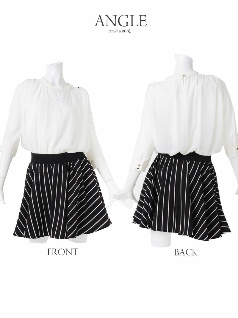 【Belsia】ストライプ柄シフォン袖ワンピース 袖付きブラウジングキャバクラワンピース【ベルシア】