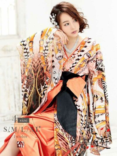 橙色アニマルスカーフ柄シフォン花魁和柄ドレス【流遊】(S/M/L/XL)(オレンジ)