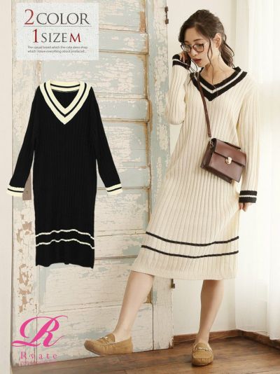 キャバ嬢応援SALE￥5478→￥4382！ 太リブニットライン入りワンピース ミディ丈Iラインワンピース【Rvate】