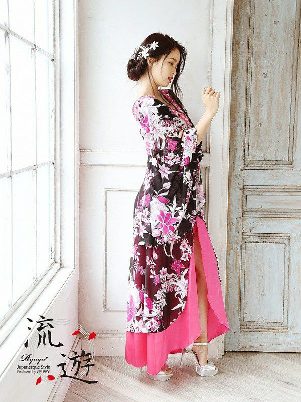 【訳ありアウトレット￥7980→￥6700】 キャバ花魁!極潤なでしこ和柄ロングドレス キャバクラ着物ロングドレス