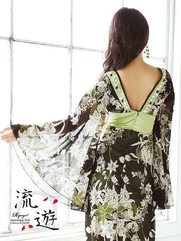 【訳ありアウトレット￥7980→￥6700】 キャバ花魁!極潤なでしこ和柄ロングドレス キャバクラ着物ロングドレス