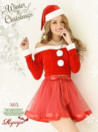 サンタコスプレ 3点セット オフショル長袖セットアップサンタコスプレ キャバクライベントやクリスマスパーティーに◎