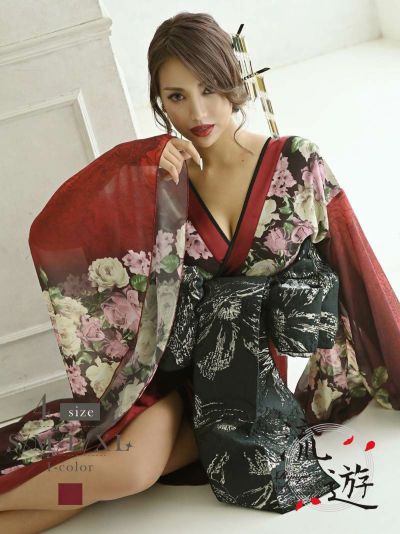 和華柄盛り帯シフォン着物和柄ドレス【流遊】(S/M/L/XL)(ワイン)