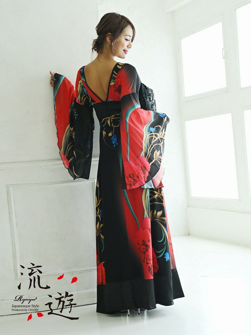 盛り帯シフォン振り袖花魁和柄ドレス【流遊】(S/M/L/XL)(レッド)