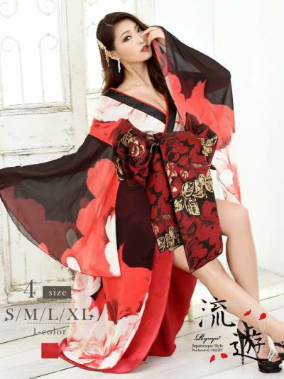 盛り帯花柄シフォン花魁和柄ドレス【流遊】(S/M/L/XL)(レッド)