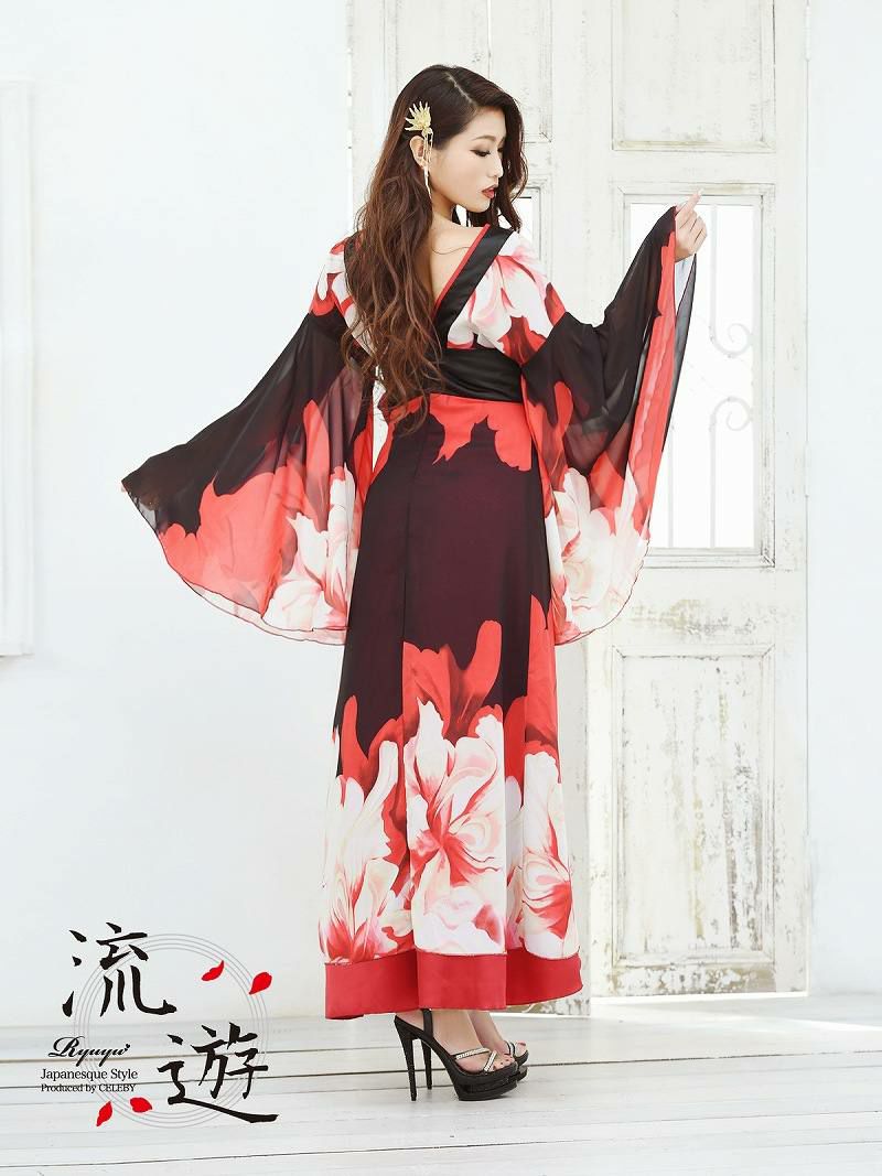盛り帯シフォン花柄和柄ドレス XL - ドレス