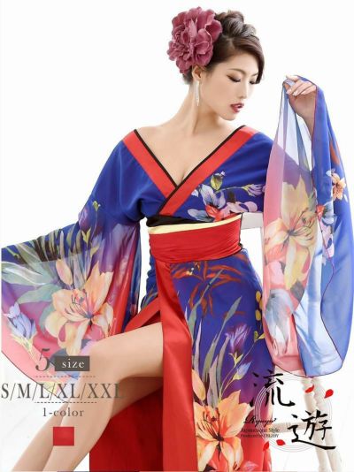 オリエンタル花柄シフォン花魁和柄ドレス【流遊】(S/M/L/XL/XXL)(ネイビー)