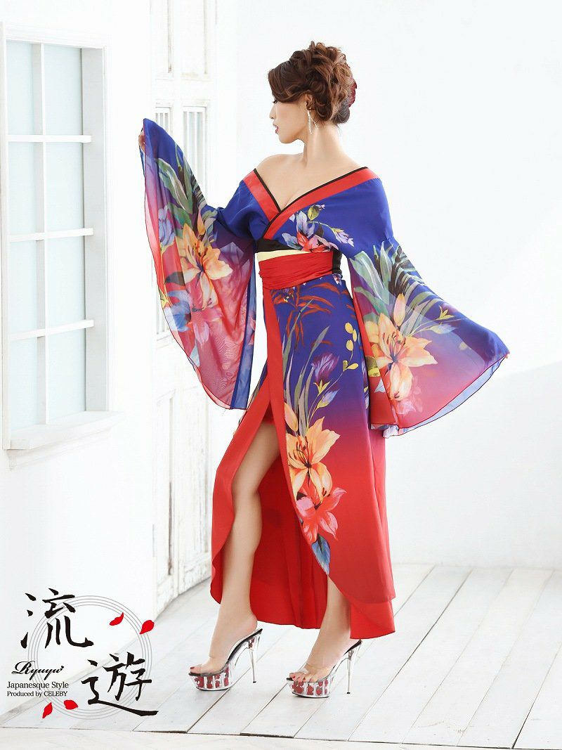 XXLサイズ追加！ 【流遊】大きいサイズ完備!!オリエンタル花柄シフォン花魁ドレス【Ryuyu】【リューユ】キャバクラ着物ロングドレス