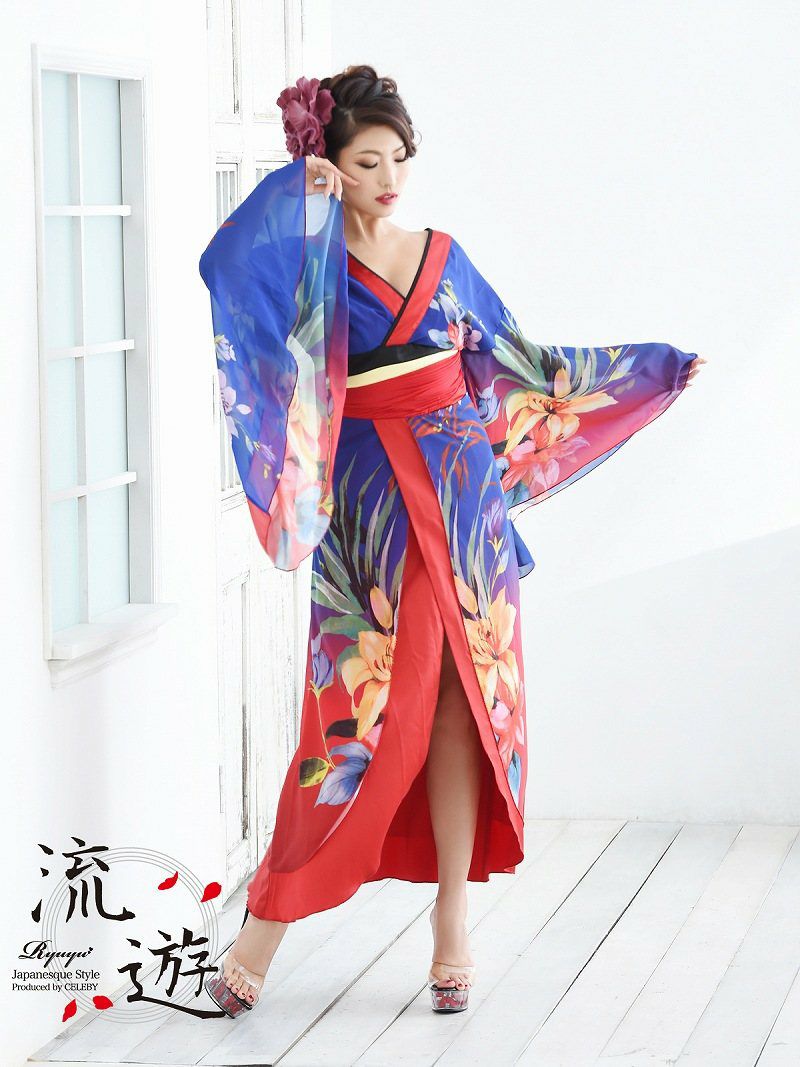 XXLサイズ追加！ 【流遊】大きいサイズ完備!!オリエンタル花柄シフォン花魁ドレス【Ryuyu】【リューユ】キャバクラ着物ロングドレス