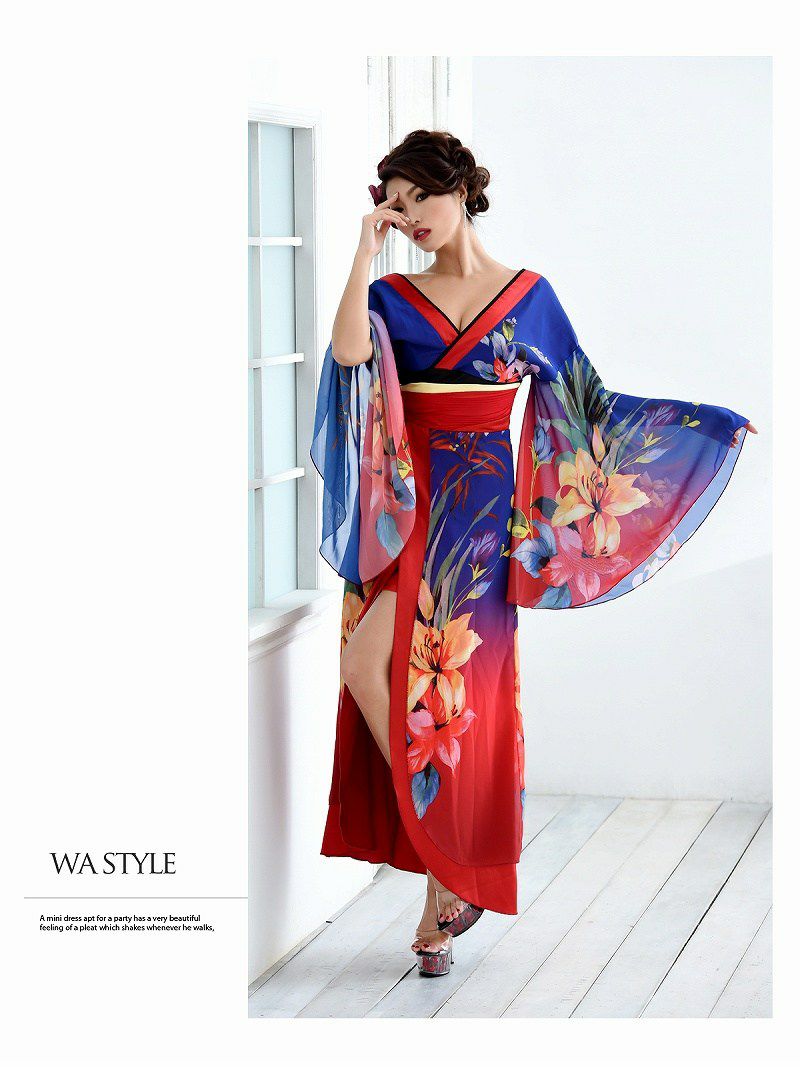 XXLサイズ追加！ 【流遊】大きいサイズ完備!!オリエンタル花柄シフォン花魁ドレス【Ryuyu】【リューユ】キャバクラ着物ロングドレス