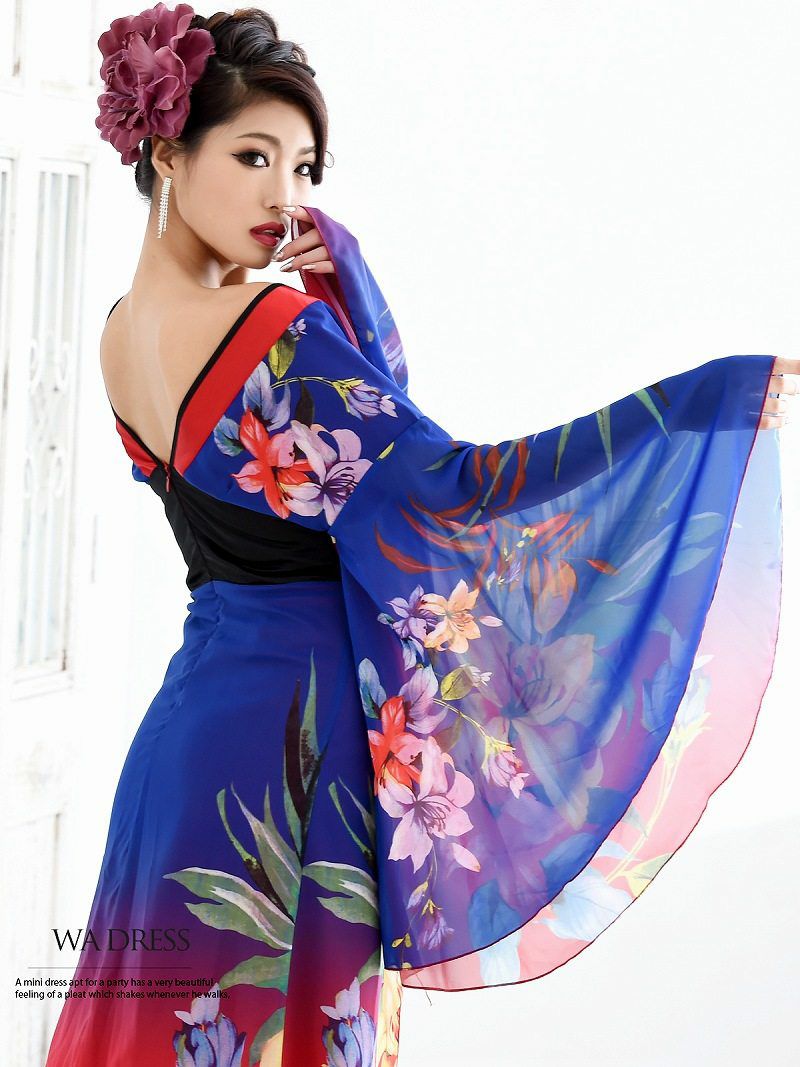 XXLサイズ追加！ 【流遊】大きいサイズ完備!!オリエンタル花柄シフォン花魁ドレス【Ryuyu】【リューユ】キャバクラ着物ロングドレス