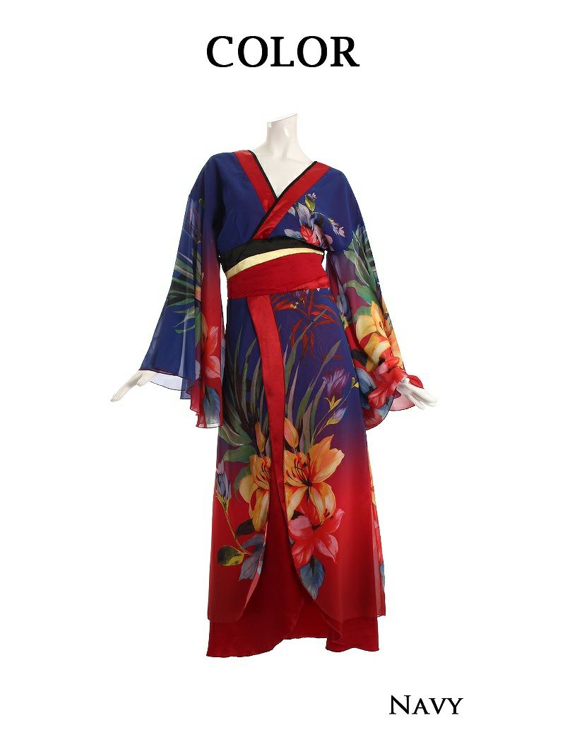 XXLサイズ追加！ 【流遊】大きいサイズ完備!!オリエンタル花柄シフォン花魁ドレス【Ryuyu】【リューユ】キャバクラ着物ロングドレス