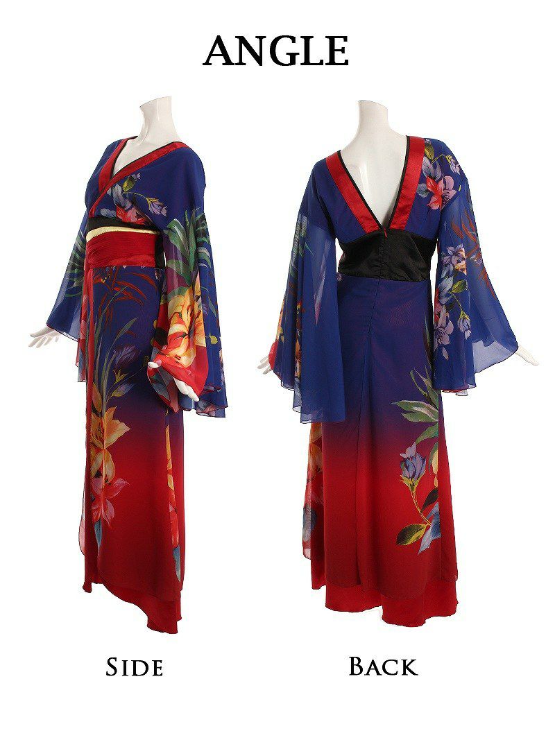 XXLサイズ追加！ 【流遊】大きいサイズ完備!!オリエンタル花柄シフォン花魁ドレス【Ryuyu】【リューユ】キャバクラ着物ロングドレス