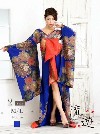 和華柄青地本格花魁和柄ドレス【流遊】(M/L)(ブルー)
