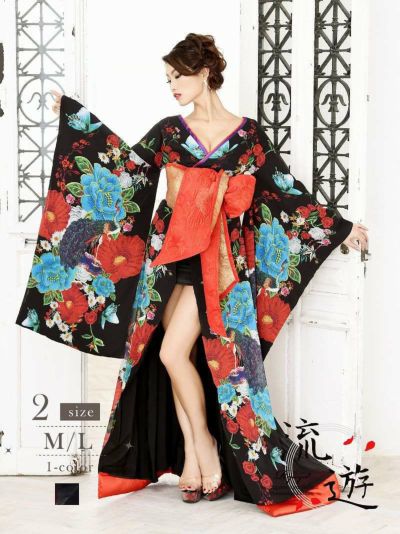 妖艶花柄花魁和柄ドレス【流遊】(M/L)(ブラック)