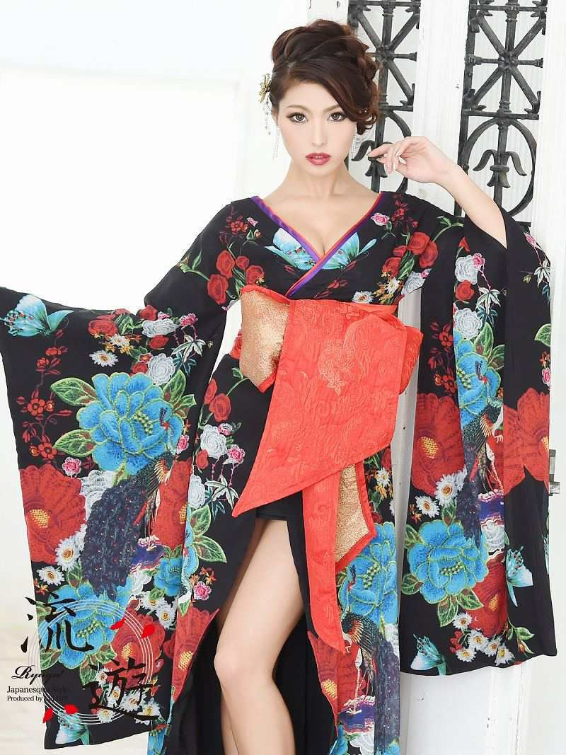 妖艶花柄花魁和柄ドレス【流遊】(M/L)(ブラック)