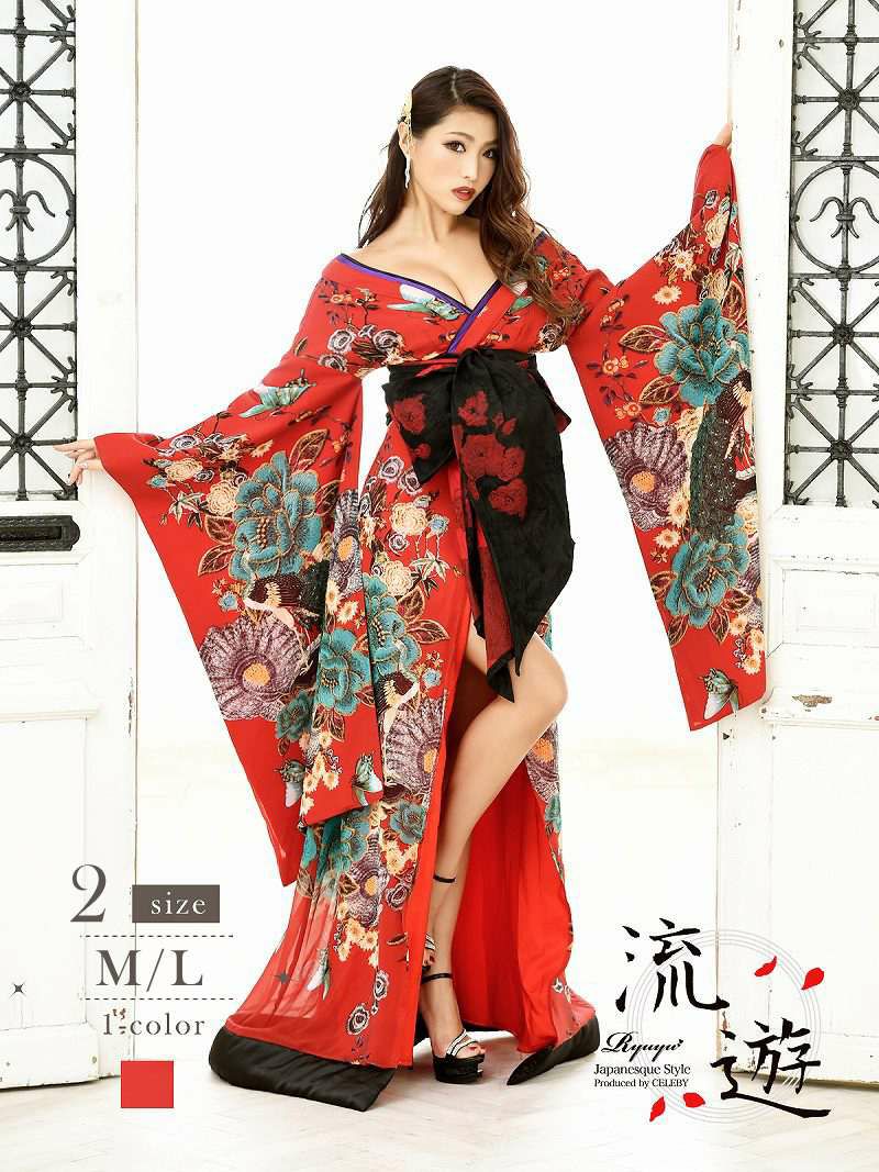 妖艶遊女花魁和柄ドレス【流遊】(M/L)(レッド)